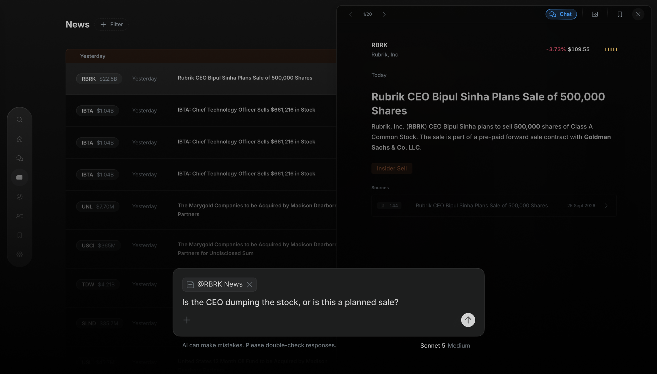 News page with a Rubrik insider-sale story open, and the AI chat asking about @RBRK News: “Is the CEO dumping the stock, or is this a planned sale?”